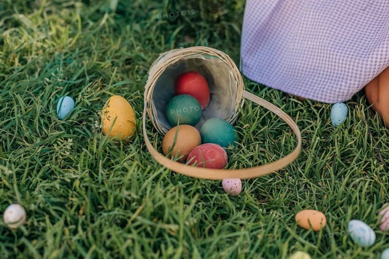 A wicker basket overflows with colorful Easter eggs on lush green grass. Pastel eggs are scattered, symbolizing a festive Easter celebration in a natural, outdoor setting