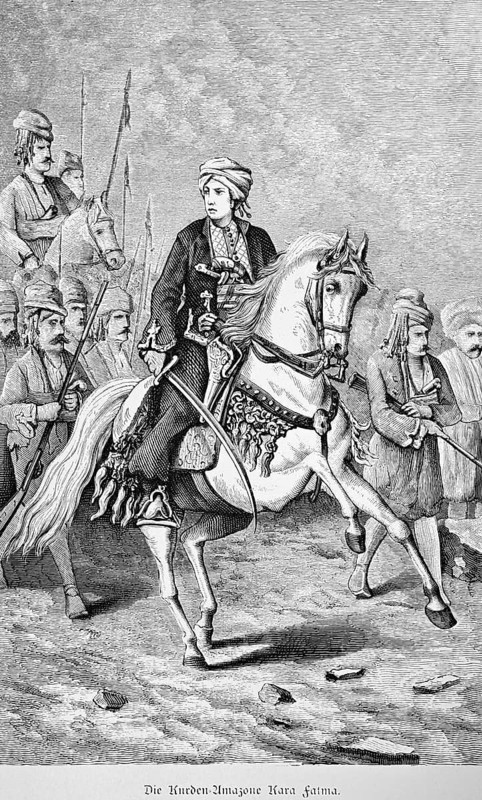 The Kurdish Amazon Kara Fatma, Turkish national heroine riding a grey horse, decorated horse, sword in hand, men with rifles on foot as escort, ethnic group, female soldier, Turkish war of liberation, courage, bravery, love of country, historical illustration, Ottoman Empire, Turkey, woman of the 19th century