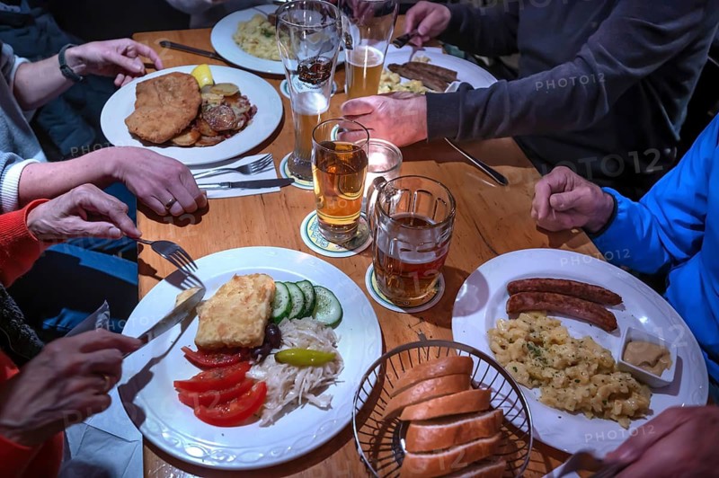 Drinks and various Franconian dishes served in a tavern, Erlangen, Middle Franconia, Bavaria, Germany