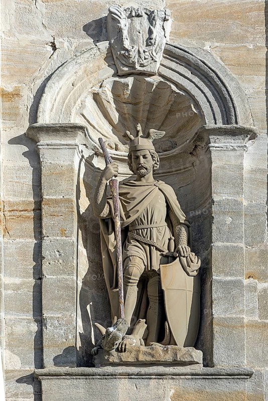 Sculpture of St George with the dragon, at the parish church of the Finding of the Cross, 1742, Kersbach, Middle Franconia, Bavaria, Germany