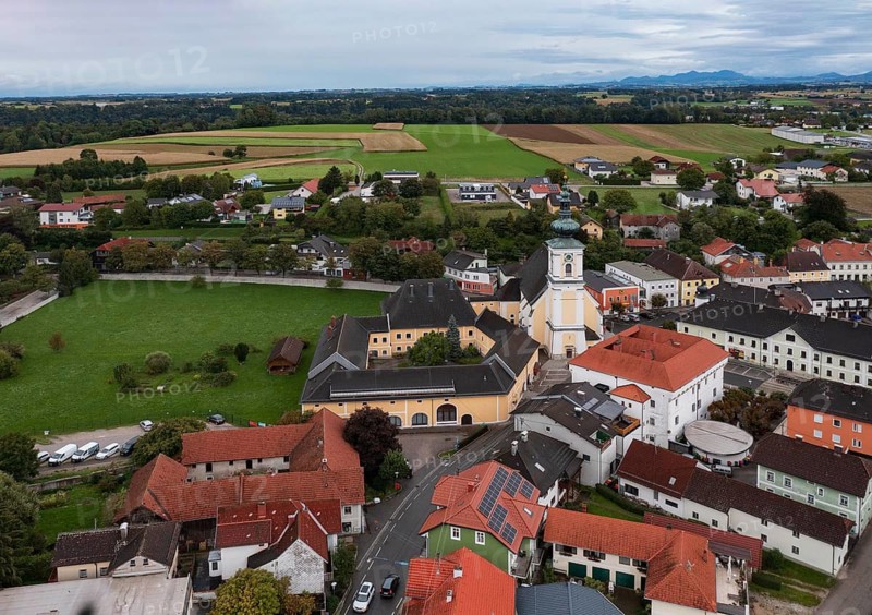 Drone shot, view of village, parish church, Vorchdorf, Traunviertel, Upper Austria, Austria