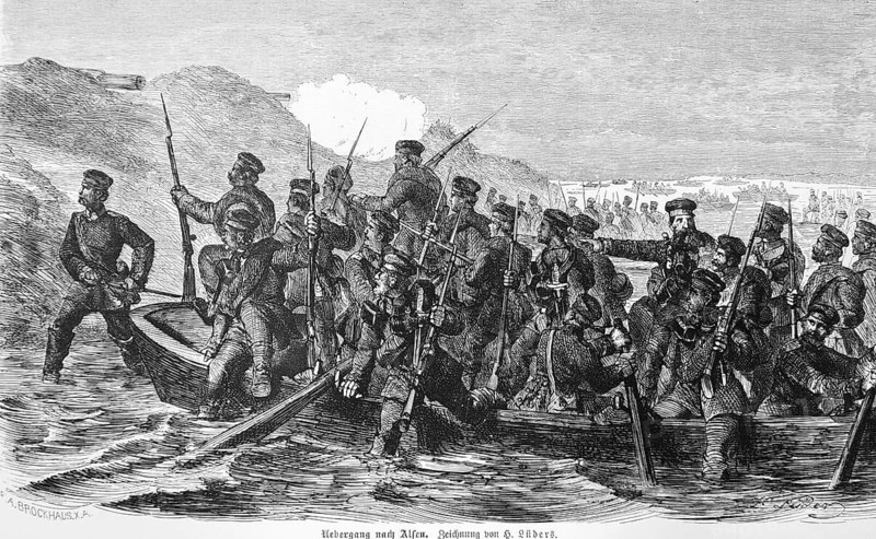 Prussian soldiers crossing to Alsen in rowing boats, German-Danish War 1864, Alsensund, Baltic Sea, Flensburg Fjord, preparation for the storming of the Düppel redoubts, weapons, rifles, hilly landscape, Denmark, Prussia, historical illustration 1884