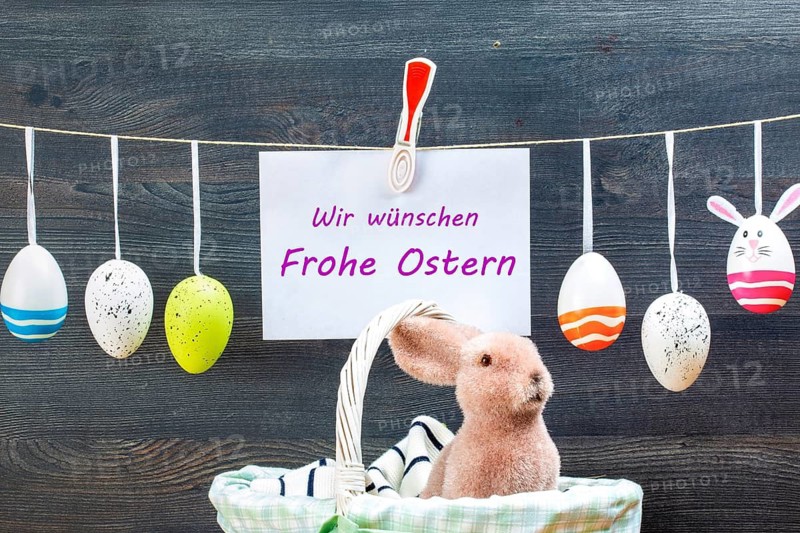 Easter decoration and a sign with (digitally added) text WIR WÜNSCHEN FROHE OSTERN in front of a rustic wooden board