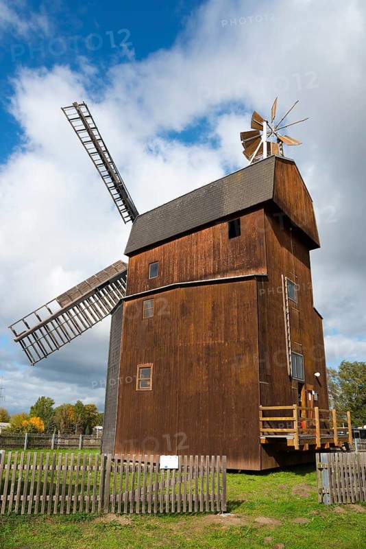 Traditional wooden windmill in front of a cloudy sky, Paltrock windmill, Parey, Elbe-Parey, Jerichower Land, Saxony-Anhalt, Germany