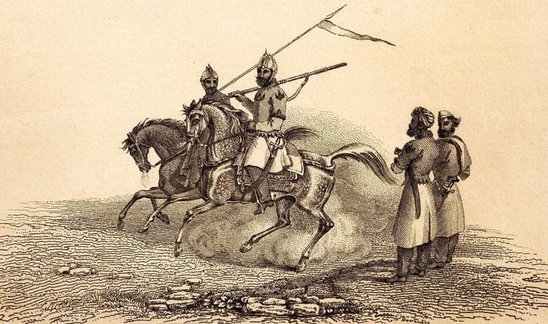Skinner's Indian Free Corps, English Major Skinner's Bengali Cavalry Lancer, India, Indian Riders with Helmet and Uniform, Skinner's Horses, Sabre, Turban, Colonialism, English Colonial Empire, Rifle, Pennant, Steel Engraving, Historical Illustration 1834