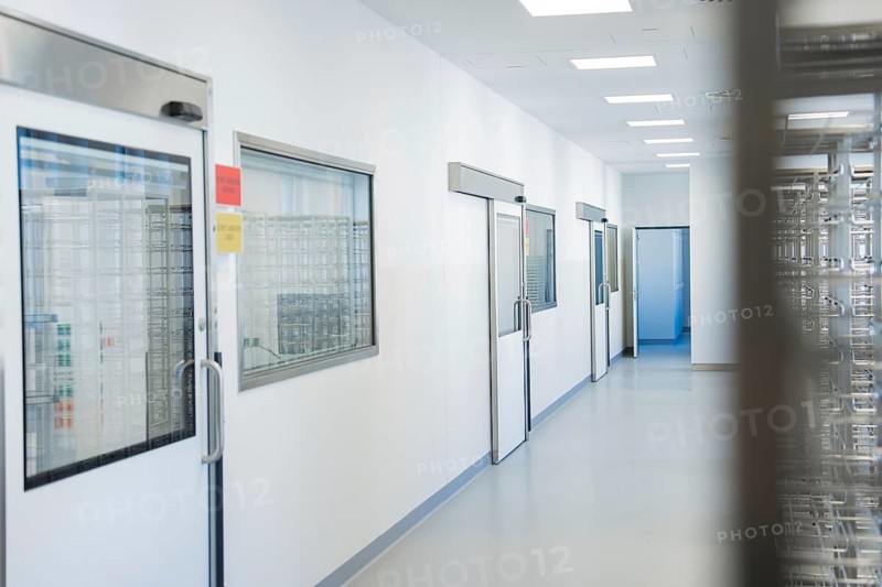 Modern hospital corridor with several doors and sterile atmosphere, operating room in the new Calw hospital, Calw district, Germany