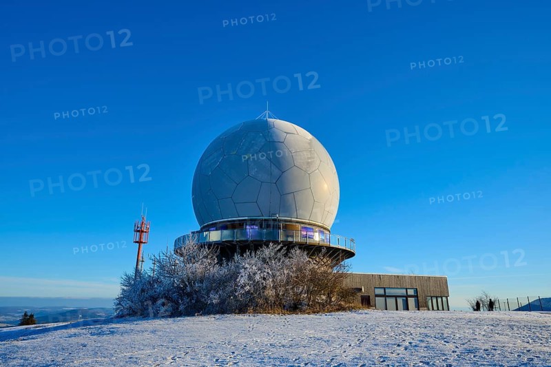 Radar station Radom in clear weather with snow and blue sky, winter, Wasserkuppe, Gersfeld, Rhön, Hesse, Germany
