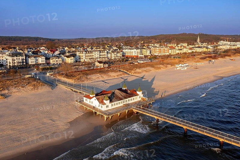 Aerial view over restaurant on Ahlbeck Pier, Seebrücke Ahlbeck in the Baltic Sea on Usedom island, Mecklenburg-Vorpommern, oldest pier in Germany