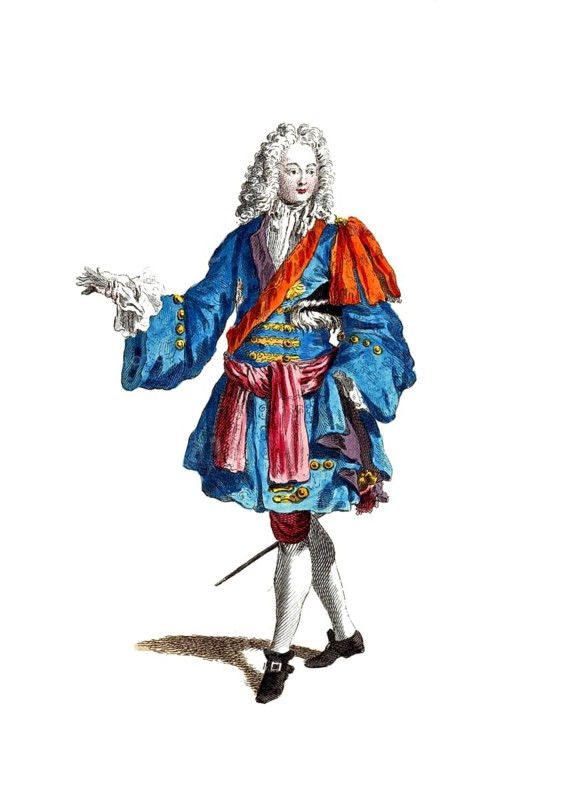 Historical clothing, fashion over time, clothing of the Duke of Burgundy in 1700, France, digitally restored reproduction of a model from the 18th/19th century, exact date unknown, elegant man in baroque costume with white wig