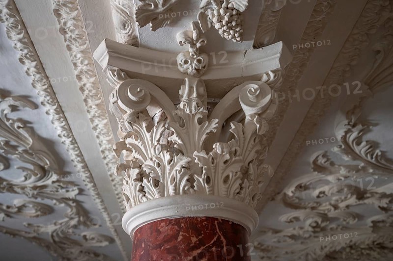 Column with an acanthus formation at the end in the Dominican convent of Wettenhausen, 12th century, Wettenhausen, Kammeltal, Bavaria, Germany