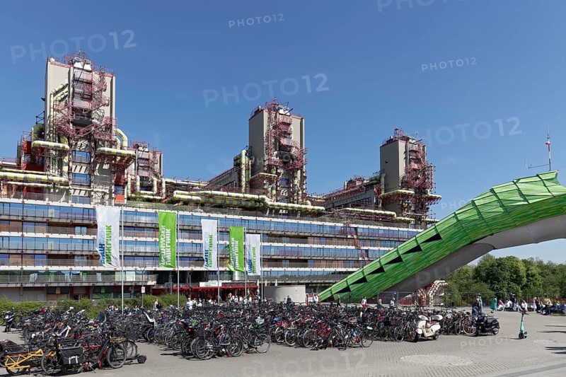 University Hospital RWTH Aachen, bicycle parking and flags, University Hospital, Aachen, North Rhine-Westphalia, Germany