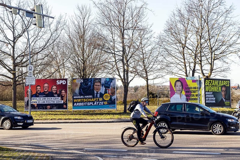 2026 state election in Baden-Württemberg. Election advertising in Fellbach near Stuttgart. Large posters of the CDU party with Manuel Hagel, FDP, SPD and Greens. Fellbach, Baden-Württemberg, Germany