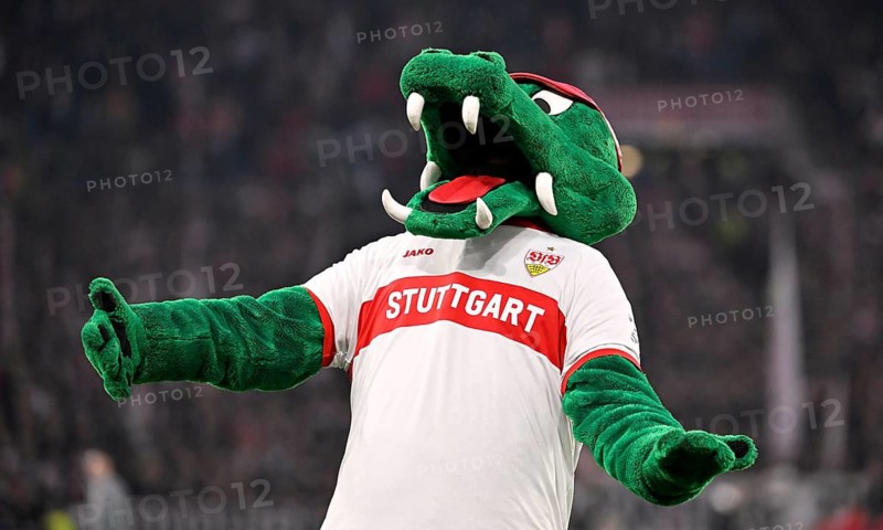 Mascot Fritzle VfB Stuttgart gesture imitates goal celebration MHPArena, MHP Arena Stuttgart, Baden-Württemberg, Germany