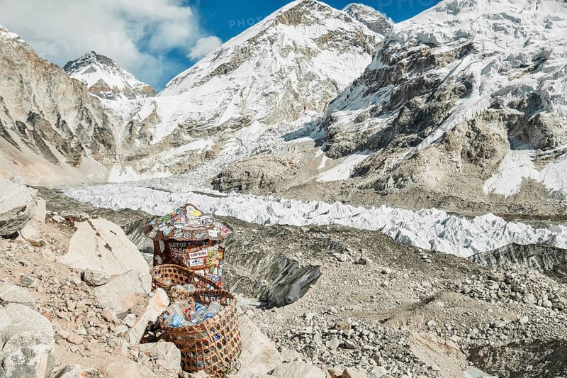 Sagarmatha national park, Nepal - 22nd november, 2023: Plastic bottles garbage waste in baskets collection point on everest base camp trek in Himalayas mountains.EBC Khumbu icefall