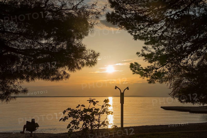 Quiet sunset by the sea, framed by silhouettes of trees, man sitting on the beach, Starigrad, Starigrad-Paklenica, Zadar, Croatia