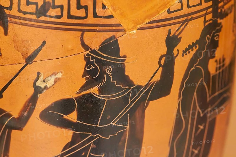 Heracles fighting the Amazon, scenes with spearbearers and musicians on a Greek vase in classic black and red style, Museum of the History of the Ancient Olympic Games, Olympics, Peloponnese, Greece