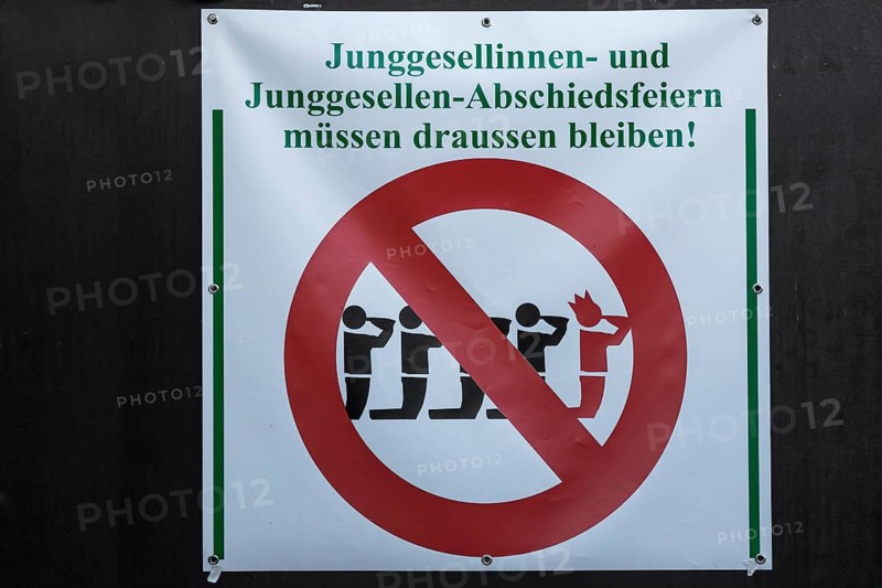 Prohibition sign for farewell parties at a pub, Regensburg, Upper Palatinate, Bavaria, Germany