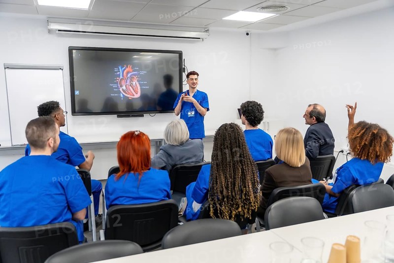 Medical professional standing, explaining human heart anatomy to a diverse group of students in blue scrubs, using an interactive screen presentation and a model in a bright modern classroom