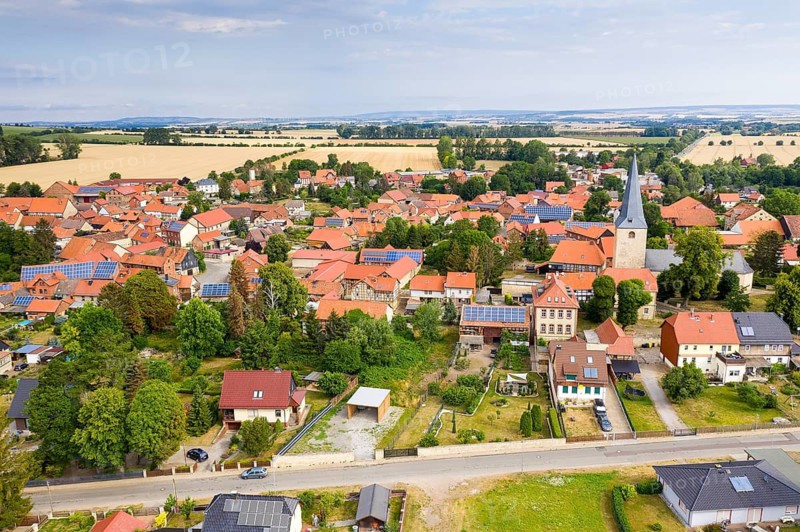 Aerial view of the village Badersleben with protestant church St. Sixtini, Huy, Harz, Saxony-Anhalt, Germany