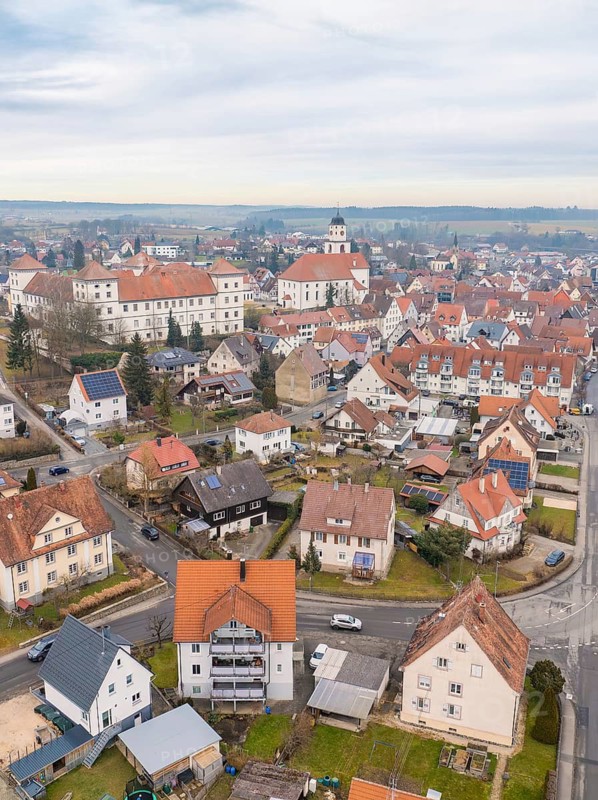 View of the town centre with characteristic red roofs and a central church, Meßkirch, district of Sigmaringen, Germany