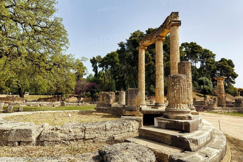 Philippeion, restored ruins, rotunda, ancient Olympia in spring, archaeological site, sanctuary of Zeus, UNESCO World Heritage Site, Elis, Peloponnese, Greece