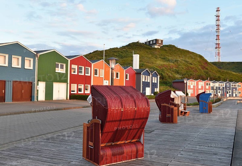 Beach chairs in front of the lobster shacks in Heligoland, Schleswig-Holstein, Germany