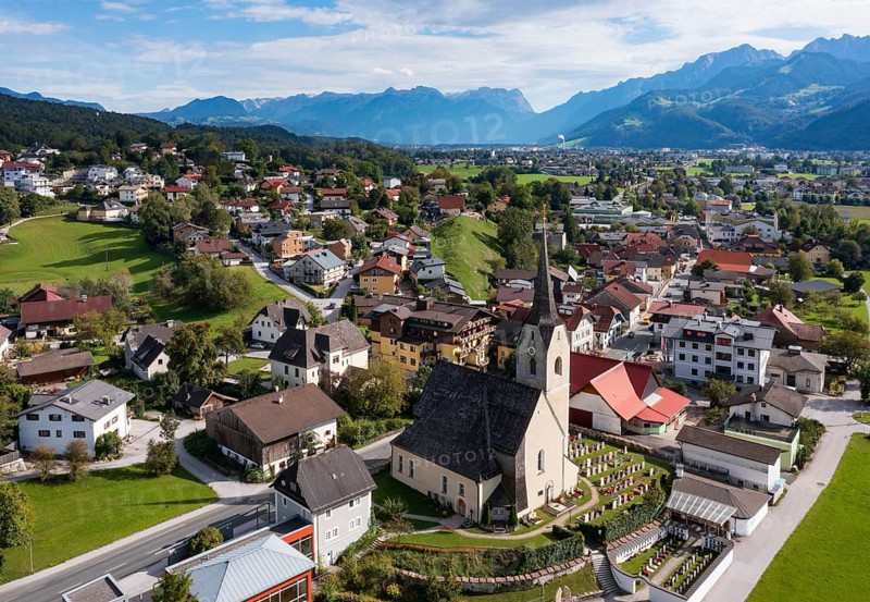 Drone image, view of village with church, Puch near Hallein, Salzachtal, Tennengau, Salzburg province, Austria