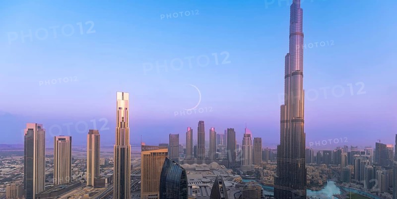 UAE, Dubai panoramic skyline view of city downtown and business district
