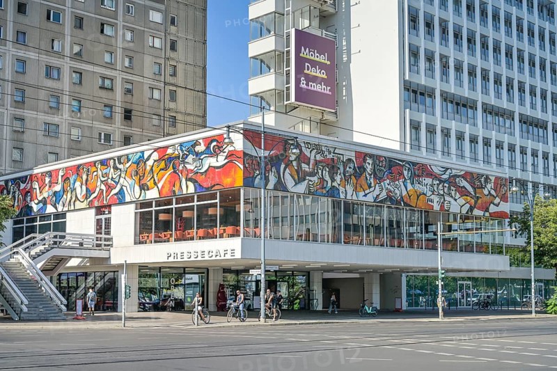 Press Café on Alexanderplatz, façade frieze, colourful enamel tiles, Die Presse as organiser by Layla Fetzer, Karl-Liebknecht-Straße, Mitte, Berlin, Germany