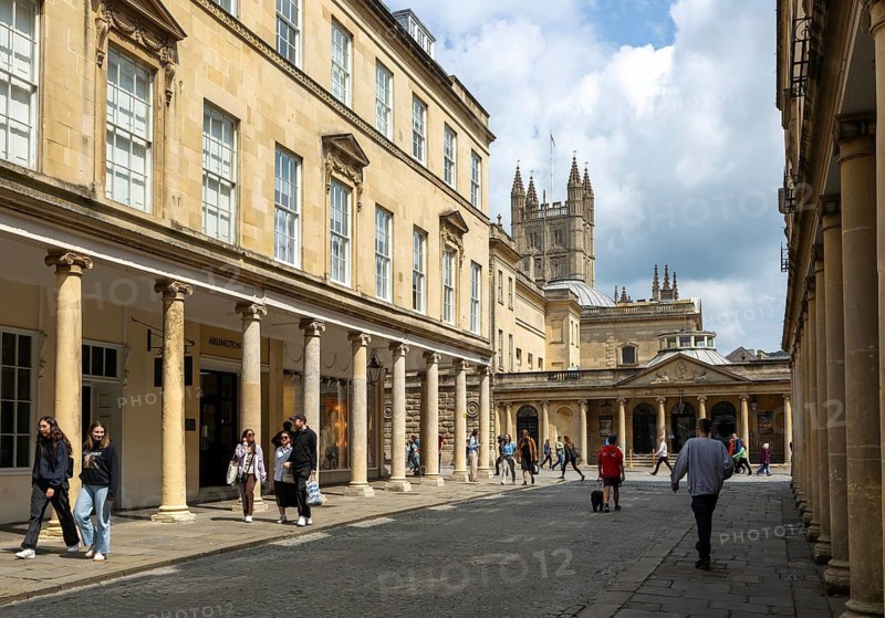 Georgian style buildings with colonnades, Bath Street, city of Bath, north east Somerset, England, UK