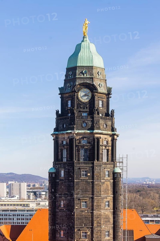 Town hall tower with golden man, Dresden, Saxony, Germany