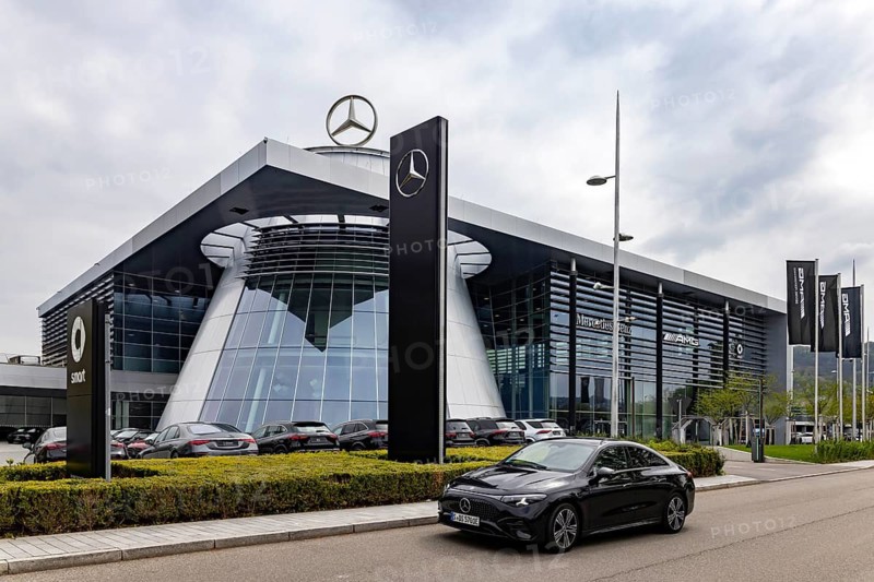 Mercedes-Benz Stuttgart branch with new Mercedes brand cars. Mercedes star. Stuttgart, Baden-Württemberg, Germany