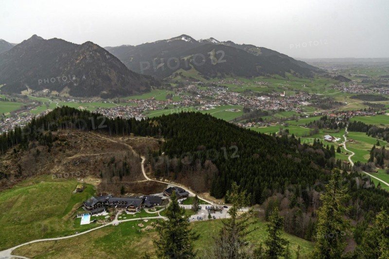 View from the Falkenstein castle ruins to Berghotel Schlossanger Alp and villages near Pfronten, Ostallgäu, Allgäu, Bavaria, Germany