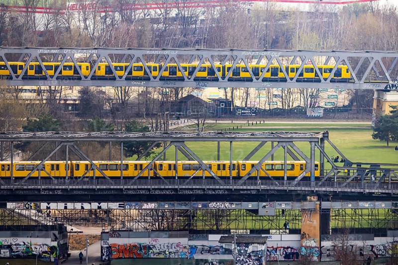 Railway bridges on the Gleisdreieck with subway. City view of Berlin. View of the capital from the observation deck in K o l l h o f f t o w e r. Berlin, Germany