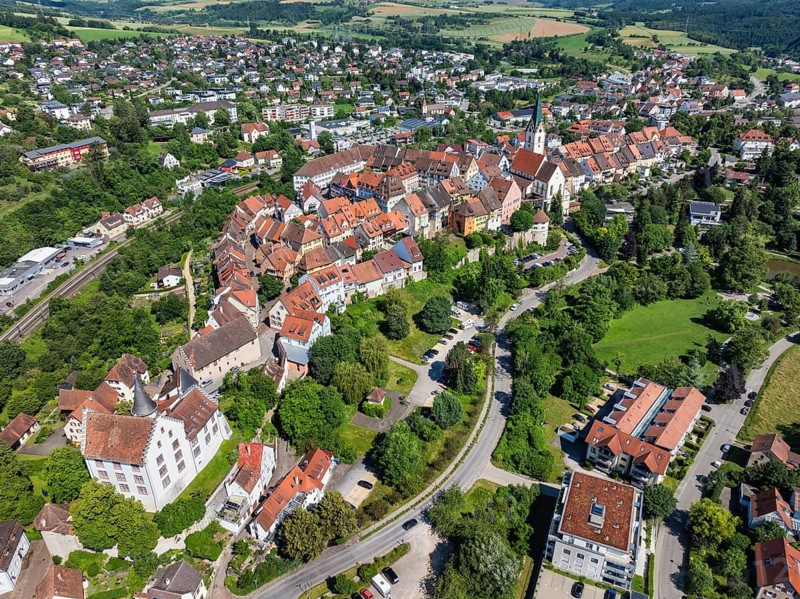 Aerial view of the town of Engen in Hegau with the historic old town, district of Constance, Baden-Württemberg, Germany