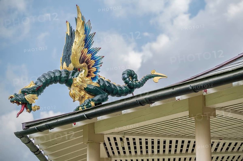 Close-up of a gold-blue-red painted dragon statue, historic large pagoda, Royal Botanic Gardens (Kew Gardens), UNESCO World Heritage Site, Kew, Greater London, England, Great Britain