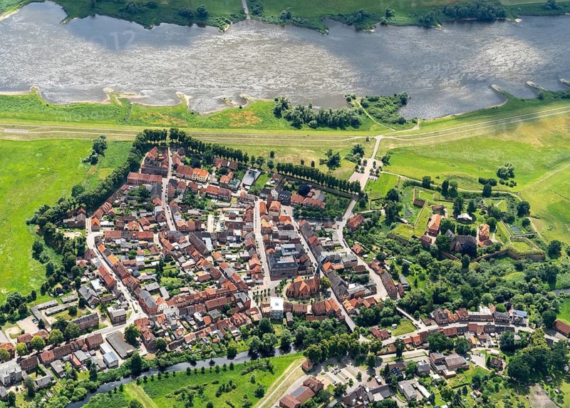 Aerial view Dömitz, district Ludwigslust-Parchim, fortress, Elbe, country town, Mecklenburg-Vorpommern, Germany