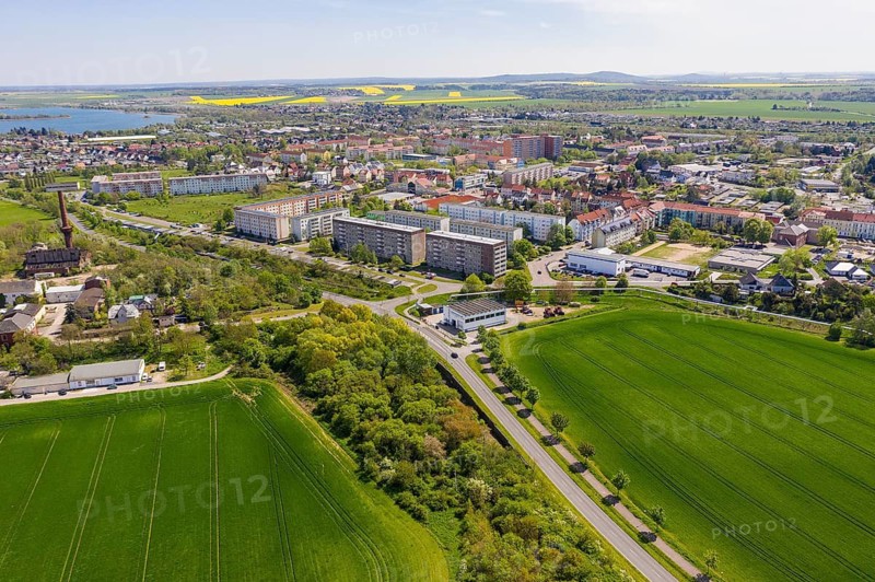 Aerial view of the residential area Eilenburg-Ost, in the background the gravel pit Eilenburg, Saxony, Germany