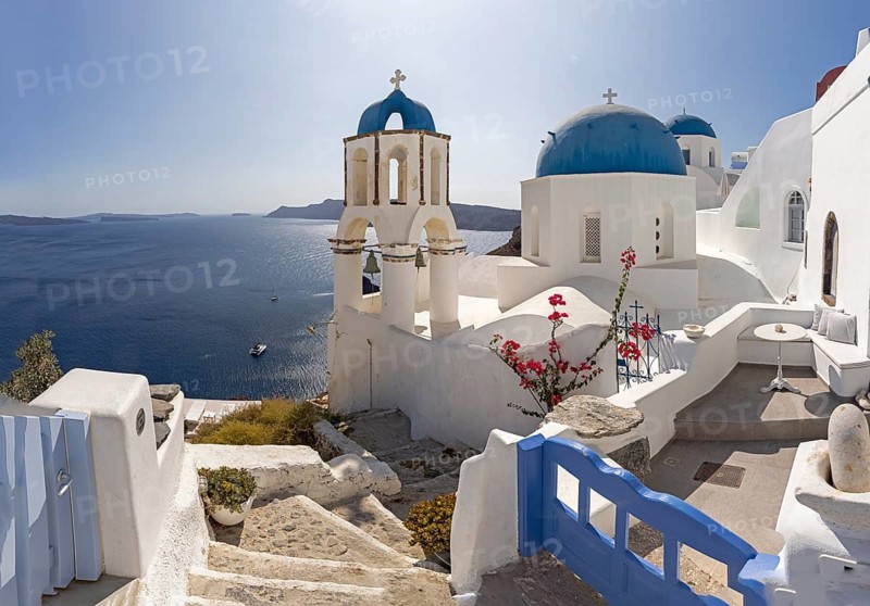 Santorini, Oia, blue domes, churches Agios Spyridon Agios Anastasis, Cyclades, Greece