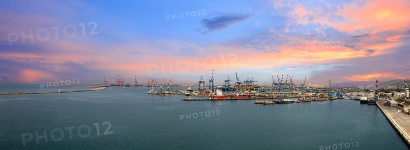 Israel, panoramic view of Haifa industrial port and terminal near downtown and financial center