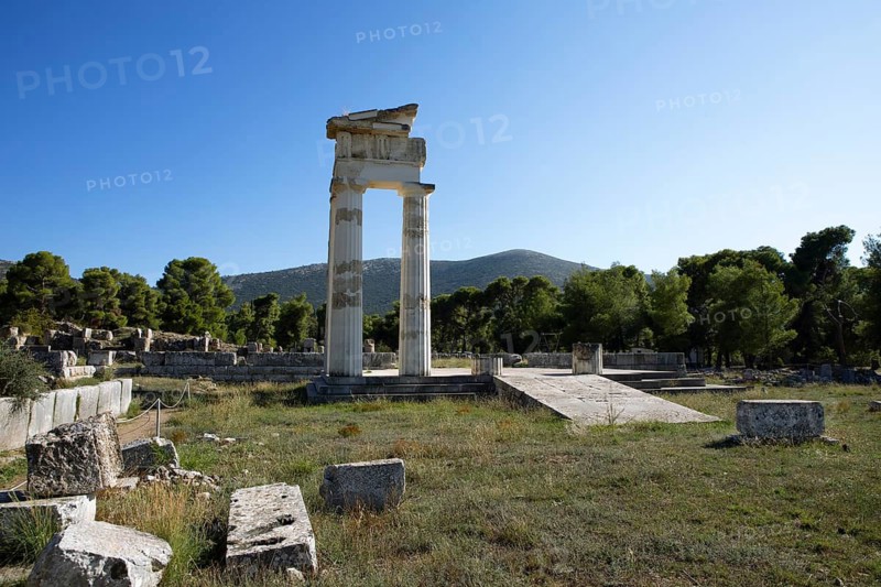 Column, archaeological site, Katagogion, Asclepieion of Epidaurus, Ancient City of Epidaurus, Argolis, Peloponnese, Greece