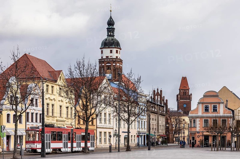 Renovated houses on the old market in the old town, Cottbus, Brandenburg, Germany