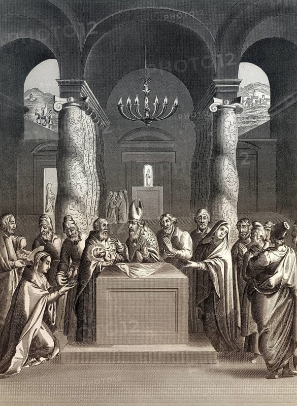 The Purification of Jesus, steel engraving, 1853, digitally restored