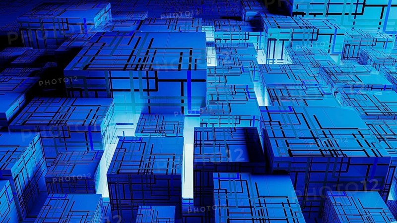 Vibrant abstract background showcases interconnected cubes, representing technology and data in a digital landscape