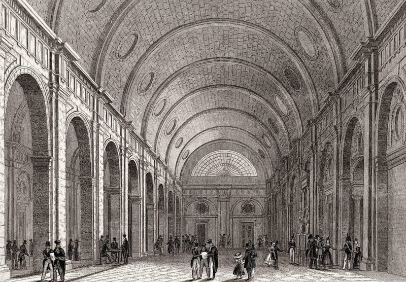 Salle des pas perdus du Palais de justice de Paris, antique steel engraved print, 1831