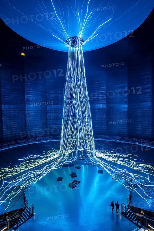 New exhibition at Gasometer Oberhausen, art sculpture The Tree, 40 meter high light installation, shows different stages of a tree with light and music, exhibition Myth Forest, on 3 levels and with several thematic chapters, the exhibition shows the diversity of the world's forests with pictures, videos and exhibits, North Rhine-Westphalia, Germany