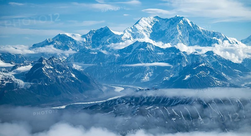 Panorama, clouds over high mountains, Mt Denali or Mount McKinley, aerial view, Alaska Range, Denali National Park, Alaska, USA