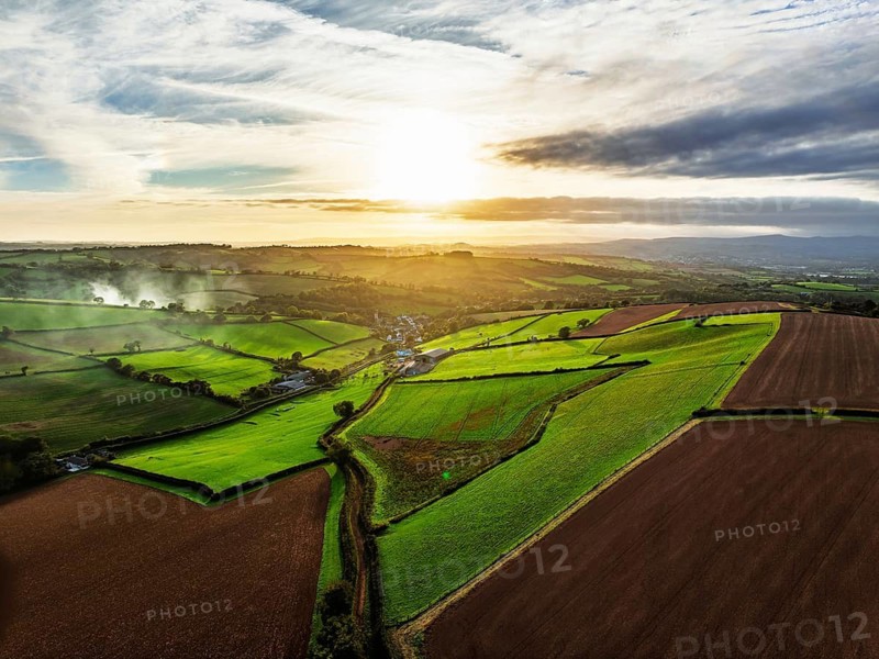 Colours of autumn Fields and Farms over Sheldon from a drone, Torbay, Devon, England, United Kingdom