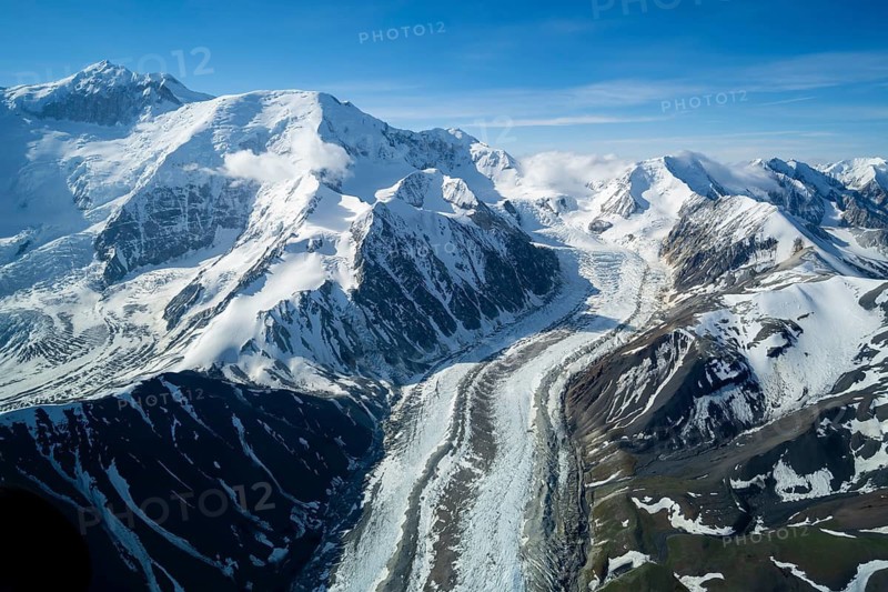 Mt Denali or Mount McKinley with glacier, aerial view, Alaska Range, Denali National Park, Alaska, USA