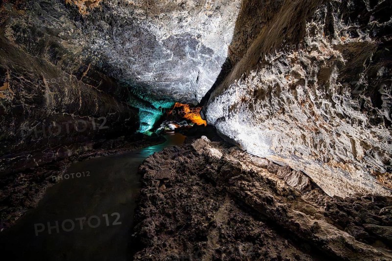 Underground cave formed by lava flow, illuminated lava cave, Cueva de los Verdes, Lanzarote, Canary Islands, Spain